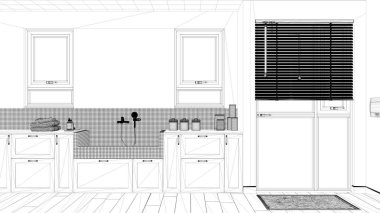 Proje taslağı, evcil hayvana ayrılmış alan, dolaplı modern çamaşır odası, mozaik fayanslar ve musluklu köpek banyosu. Parke zemin ve pencereler. Banyo iç tasarımı