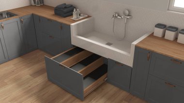 Evcil hayvan dostu çamaşır odası, kapanış, dolaplı gri tonlar ve fayanslı köpek banyosu aksesuarları, çekmecede merdiven. İç tasarım fikri, üst görünüm, yukarıda