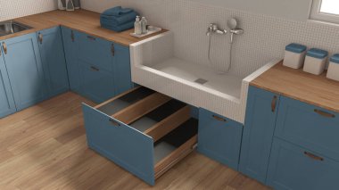 Hayvan dostu çamaşır odası, kapanış, dolaplı mavi tonlu çamur odası fayanslı köpek banyosu, aksesuarlı merdiven çekmecesi. İç tasarım fikri, üst görünüm, yukarıda