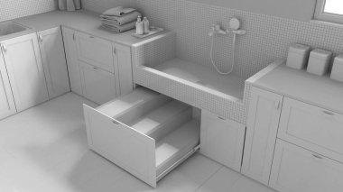 Tamamen beyaz proje taslağı, ev hayvanı dostu çamaşır odası, kapanış, dolaplı banyo, fayanslı köpek banyosu, çekmecede merdiven. İç tasarım fikri, üst görünüm, yukarıda