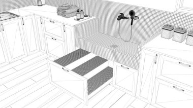 Proje taslağı, evcil hayvan dostu çamaşır odası, kapanış, dolaplı tuvalet fayanslı köpek banyosu, çekmeceye merdiven. İç tasarım fikri, üst görünüm, yukarıda