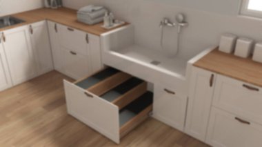 Arka plan bulanık, evcil hayvan dostu çamaşır odası, kapanış odası, dolaplı banyo, fayanslı köpek banyosu, aksesuarlı merdiven çekmecesi. İç tasarım, üst görünüm, yukarıda