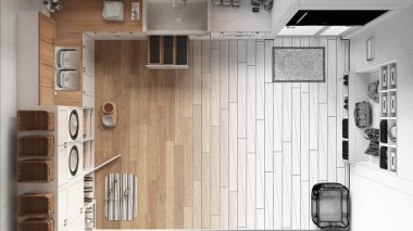 Mimar iç mimar konsepti: elle çizilmiş tamamlanmamış proje gerçek hale geliyor, hayvan dostu çamaşır odası, vestiyer. Köpek banyosu, köpek yatağı, halı. Üst görünüm, plan, yukarıda