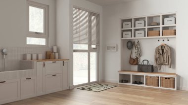 Pet friendly mudroom, laundry room, cabinets and shelves in white and wooden tones. Dog bath shower with mosaic tiles and accessories. Coat hanger and bench. Modern interior design