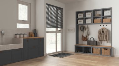 Pet friendly mudroom, laundry room, cabinets and shelves in gray and wooden tones. Dog bath shower with mosaic tiles and accessories. Coat hanger and bench. Modern interior design