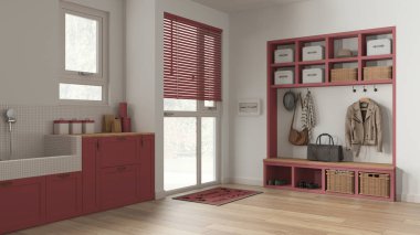 Pet friendly mudroom, laundry room, cabinets and shelves in red and wooden tones. Dog bath shower with mosaic tiles and accessories. Coat hanger and bench. Modern interior design