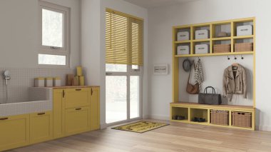 Hayvan dostu çamur odası, çamaşır odası, dolaplar ve raflar sarı ve ahşap tonlarda. Mozaik fayanslar ve aksesuarlarla köpek banyosu. Ceket askısı ve bank. Modern iç tasarım