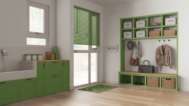Hayvan dostu çamur odası, çamaşır odası, dolaplar ve raflar yeşil ve ahşap tonlarda. Mozaik fayanslar ve aksesuarlarla köpek banyosu. Ceket askısı ve bank. Modern iç tasarım
