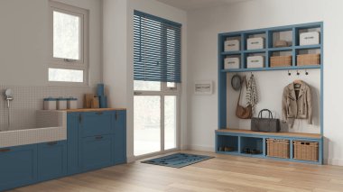 Pet friendly mudroom, laundry room, cabinets and shelves in blue and wooden tones. Dog bath shower with mosaic tiles and accessories. Coat hanger and bench. Modern interior design