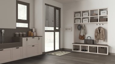 Pet friendly mudroom, laundry room, cabinets and shelves in dark and wooden tones. Dog bath shower with mosaic tiles and accessories. Coat hanger and bench. Modern interior design