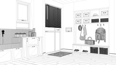 Proje taslağı, hayvan dostu çamur odası, çamaşır odası, dolaplar ve raflar. Mozaik fayanslar ve aksesuarlarla köpek banyosu. Ceket askısı ve bank. Modern iç tasarım