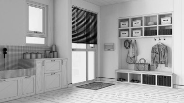 Tamamlanmamış proje taslağı, hayvan dostu antreman odası, çamaşır odası, dolaplar ve raflar. Mozaik fayanslar ve aksesuarlarla köpek banyosu. Ceket askısı ve bank. Modern iç tasarım