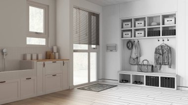 Mimari iç mimar konsepti: gerçek hale gelen el yapımı taslak proje, hayvan dostu çamur odası, çamaşır odası, dolaplar ve raflar. Köpek banyosu, askı ve bank.