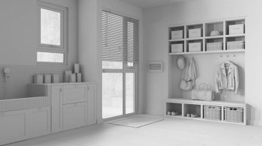 Tamamen beyaz proje taslağı, hayvan dostu antreman odası, çamaşır odası, dolaplar ve raflar. Mozaik fayanslar ve aksesuarlarla köpek banyosu. Ceket askısı ve bank. Modern iç tasarım