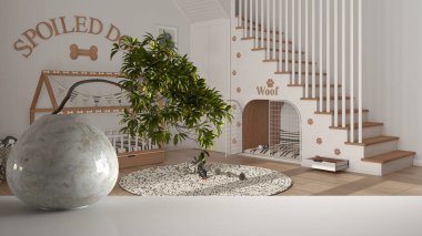 Yuvarlak mermer vazo ve saksı kaplı bonsai, yeşil yapraklar, köpek odasının üstünde, hayvan dostu, köpek yatağı ve merdiveni, iç tasarım, zen temiz mimari konsepti fikri