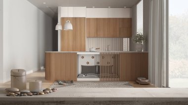 Ahşap masa üstü ya da rafta mumlar ve çakıl taşları, zen ruh hali, dolapların içinde köpek yatağı olan bir mutfak, ikram kasesi, halı, iç tasarım, mimari konsept.