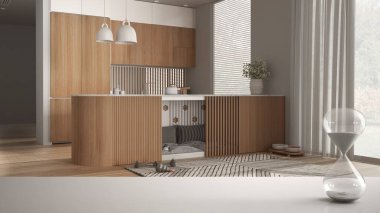 Beyaz masa ya da rafta kristal kum saati var. Evcil hayvan dostu mutfağı, mobilyaların içinde köpek yatağı, mimari iç tasarım, fotokopi alanı arka planı.