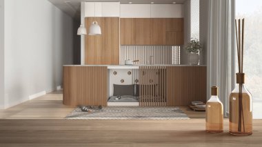 Ahşap masa üstü ya da rafta aromatik çubuklar, ahşap evcil hayvan dostu mutfak, mobilya, halı ve ikram kaseleri içinde köpek yatağı, klasik mimari tasarım