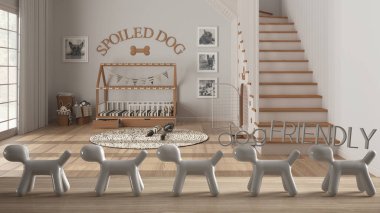 Ahşap masa ya da raf üzerinde stilize köpekler, köpek dostu konsept, hayvan sevgisi, köpek geçirmez ev, köpek yatağı ve merdiveni olan ahşap köpek odası, rahat iç tasarım.
