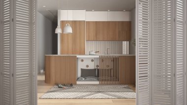 Dolapların içinde köpek yatağı olan evcil hayvan dostu mutfakta beyaz katlı kapı açılıyor. Evcil hayvan, halı, ikram kasesi, modern iç tasarım, mimar tasarımcısı konsepti için ayrılmış alan.