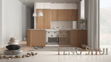 Beyaz masa rafı, çakıl taşı dengesi ve 3 boyutlu harflerle ev hayvanı dostu ahşap mutfak, mobilya içinde köpek yatağı, minimalist zen iç tasarım.