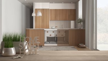 Ahşap masa, masa ya da raf, saksı bitkisi, ev anahtarları ve 3D harflerle ev, güzel ev, ahşap evcil hayvan dostu mutfak, mimari iç tasarım, kopyalama alanı arka planı