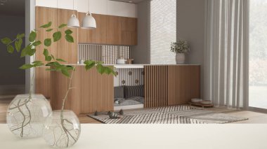 Beyaz masa üstü ya da rafta cam vazo ile hidrofonik bitki, süs, bitki kökü, vazoda dal, ev bitkisi, ahşap hayvan dostu mutfak arka planı, iç tasarım