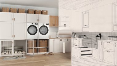 Boya patencisi iç tasarım tasarım tasarım tasarımı taslak arka plan. Bu arada mekan gerçek bir çamaşır odası haline geliyor. Önce ve sonra, mimar tasarımcı yaratıcı iş akışı