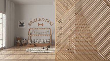Hayvan dostu köpek odasının, merdivenli, parke döşemeli, ahşap tavanarası olan ahşap kaplama. Minimalist zen iç tasarım fikri, çağdaş mimari şablonu