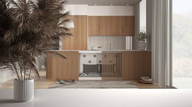 Beyaz masa üstünde ya da rafta pipetler, kuru bitkiler, süs, kulaklar, çarşaf, vazo dalları, mobilyaların içinde köpek yatağı olan evcil hayvan dostu mutfak, modern iç tasarım