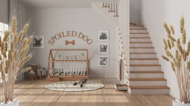 Çakıl taşları, kuru bitkiler, süs, kulaklar, kılıf, vazoda dalları, köpek yatağı ve merdivenli hayvan dostu köpek odası, modern iç tasarım