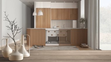 Ahşap masa ya da raf üzerinde minimalist modern vazolar var. Evcil hayvan dostu mutfak üzerinde mobilya, halı ve ikram kasesi, ahşap mobilya, mimari iç tasarım.