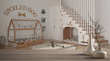 Ahşap masa ya da rafta minimalist modern vazolar var. Evcil hayvan dostu alan üzerinde. Yastıklı ve kapılı köpek odası.