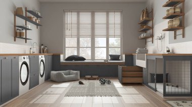 Pet friendly modern gray and wooden laundry room, mudroom with cabinets and equipment. Dog shower bath with ladder, dog bed and carpet, window with bench. Interior design concept