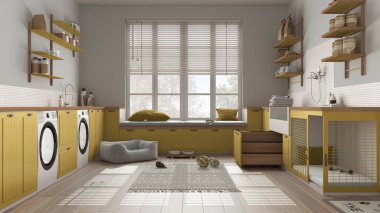 Pet friendly modern yellow and wooden laundry room, mudroom with cabinets and equipment. Dog shower bath with ladder, dog bed and carpet, window with bench. Interior design concept