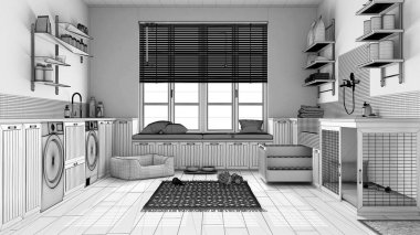 Tamamlanmamış proje taslağı, hayvan dostu çamaşır odası, dolaplı ve teçhizatlı çamur odası. Merdivenli köpek banyosu, köpek yatağı ve halı, banklı pencere. İç tasarım kavramı