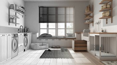 Mimar iç mimar konsepti: elle çizilmiş tamamlanmamış proje gerçek hale geliyor, hayvan dostu çamaşır odası, vestiyer. Köpek banyosu, köpek yatağı ve halı, banklı pencere.