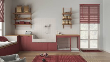 Evcil hayvana ayrılmış bir yer, kırmızı ve ahşap tonlarda ev hayvanı dostu çamaşır odası ve köpek banyosu. Köpek mamasıyla raflar, köpek yatağıyla kapı. Modern iç tasarım fikri