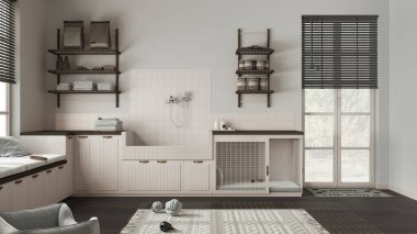 Evcil hayvana ayrılmış bir yer, karanlık ve ahşap tonlarda ev hayvanı dostu çamaşır odası ve köpek banyosu. Köpek mamasıyla raflar, köpek yatağıyla kapı. Modern iç tasarım fikri