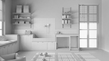 Tamamen beyaz proje taslağı, evcil hayvana ayrılmış alan, ev aletleri ve köpek banyosu olan ev hayvanı dostu çamaşır odası. Köpek mamasıyla raflar, köpek yatağıyla kapı. Modern iç tasarım fikri