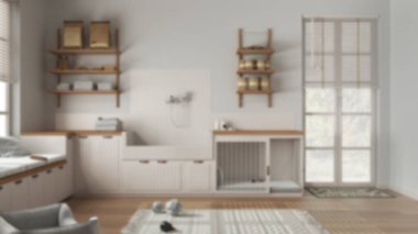 Arka plan bulanık, evcil hayvanlara adanmış bir yer, ev aletleri ve köpek banyosu olan ev hayvanı dostu çamaşır odası. Köpek mamasıyla raflar, köpek yatağıyla kapı. Modern iç tasarım fikri