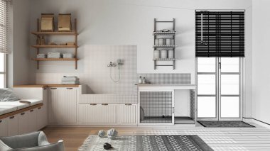 Mimari iç mimar konsepti: elle çizilmiş tamamlanmamış bir proje, evcil hayvana adanmış bir alan, köpek banyosu duşlu bir hayvan dostu çamaşır odası. Raflarda köpek maması var.