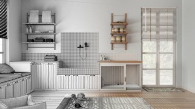 Mimari iç mimar konsepti: elle çizilmiş tamamlanmamış bir proje, evcil hayvana adanmış bir alan, köpek banyosu duşlu bir hayvan dostu çamaşır odası. Raflarda köpek maması var.