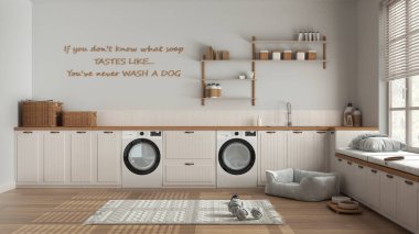 Evcil hayvan dostu çamaşır odası, evcil hayvanlara ayrılmış bir yer, ahşap ve beyaz tonlarda bir oda. Aksesuar ve aletlerle dolu dolaplar ve raflar. Köpek yatağı, halı ve oyuncaklar. İç tasarım