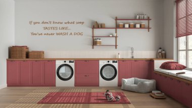 Evcil hayvan dostu çamaşır odası, evcil hayvanlara ayrılmış bir yer, ahşap ve kırmızı tonlu bir oda. Aksesuar ve aletlerle dolu dolaplar ve raflar. Köpek yatağı, halı ve oyuncaklar. İç tasarım fikri
