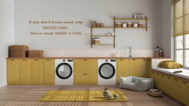 Evcil hayvan dostu çamaşır odası, evcil hayvanlara ayrılmış alan, ahşap ve sarı tonlu çamur odası. Aksesuar ve aletlerle dolu dolaplar ve raflar. Köpek yatağı, halı ve oyuncaklar. İç tasarım