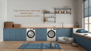 Evcil hayvan dostu çamaşır odası, evcil hayvanlara ayrılmış bir yer, ahşap ve mavi tonlarda bir oda. Aksesuar ve aletlerle dolu dolaplar ve raflar. Köpek yatağı, halı ve oyuncaklar. İç tasarım