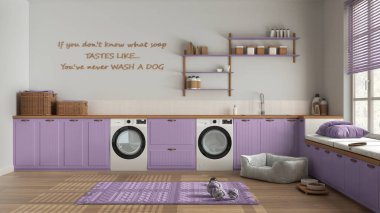 Evcil hayvan dostu çamaşır odası, evcil hayvanlara ayrılmış alan, ahşap ve mor tonlarda çamur odası. Aksesuar ve aletlerle dolu dolaplar ve raflar. Köpek yatağı, halı ve oyuncaklar. İç tasarım