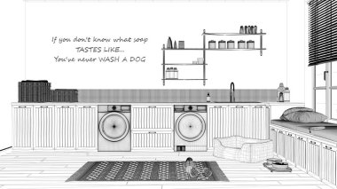 Proje taslağı, evcil hayvan dostu çamaşır odası, evcil hayvanlara ayrılmış bir yer, soyunma odası. Aksesuar ve aletlerle dolu dolaplar ve raflar. Köpek yatağı, halı ve oyuncaklar. İç tasarım