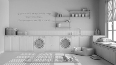 Tamamen beyaz proje taslağı, evcil hayvan dostu çamaşır odası, evcil hayvanlara ayrılmış bir yer, dinlenme odası. Aksesuar ve aletlerle dolu dolaplar ve raflar. Köpek yatağı, halı ve oyuncaklar. İç tasarım